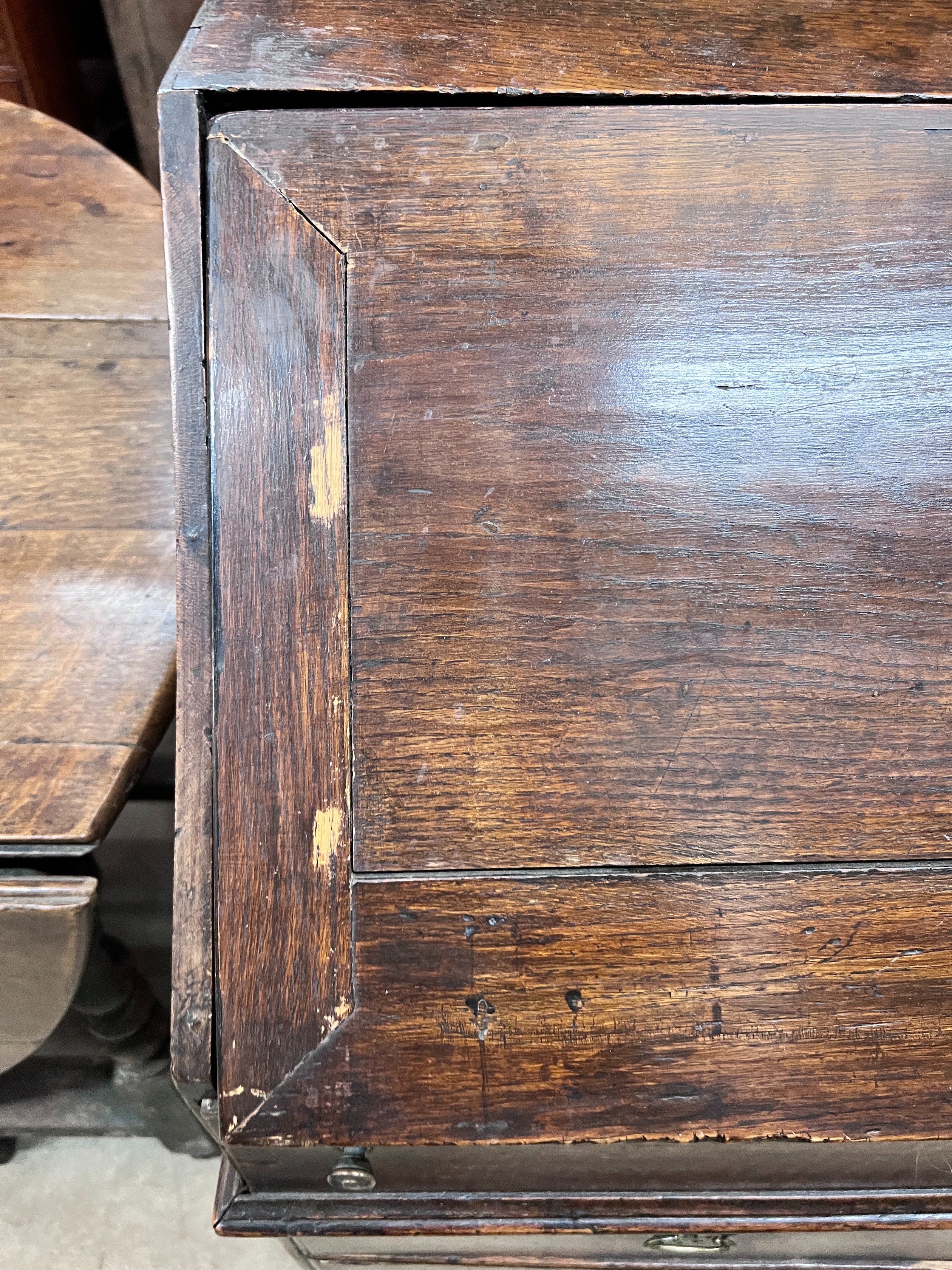 An 18th century oak bureau, width 86cm, depth 50cm, height 102cm *Please note the sale commences at 9am.